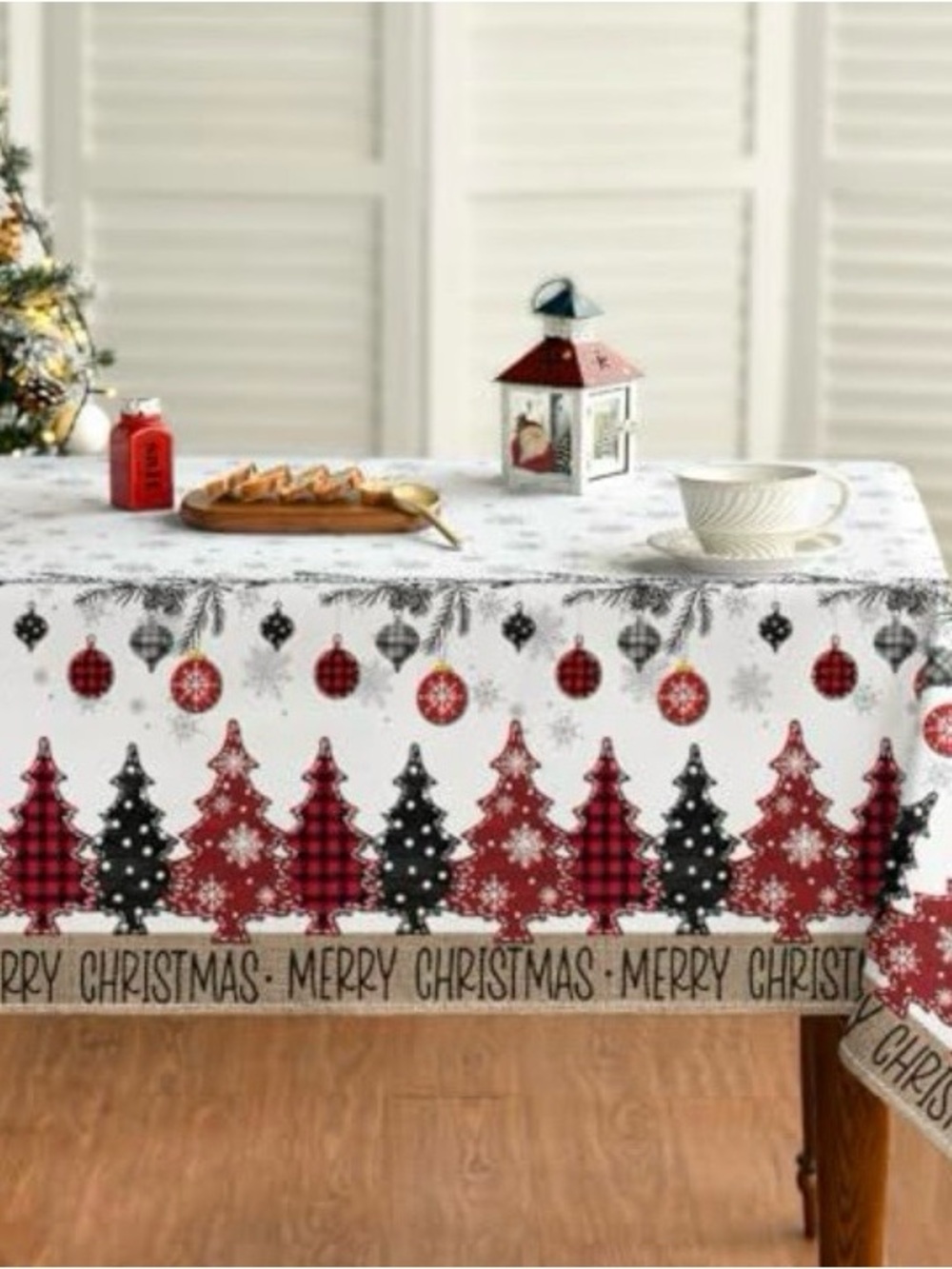 Christmas Tree & Ornament Holiday Tablecloth - Red, Black, White